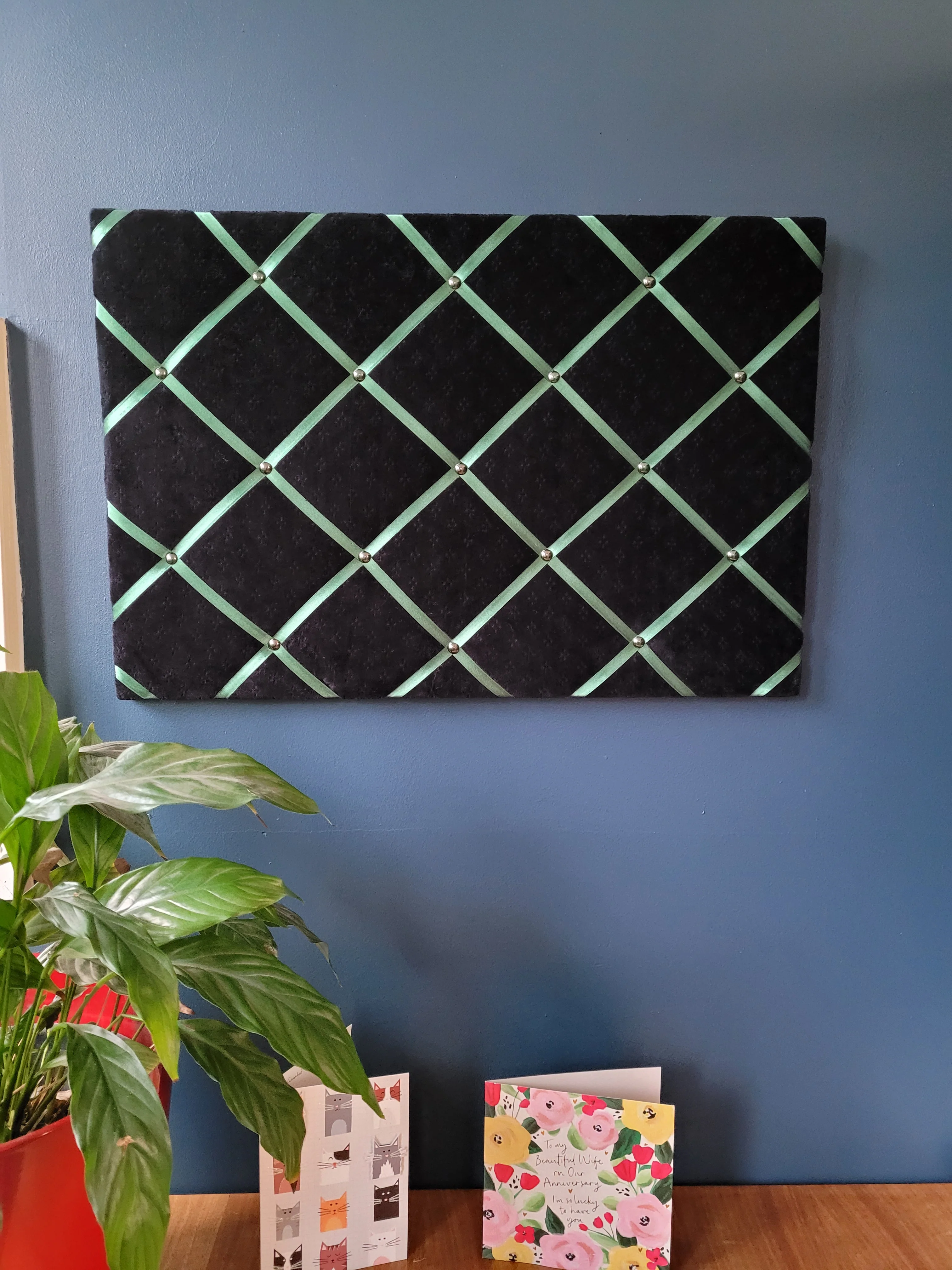 Fabric Notice Board - Black Velvet Green Ribbon - Image 4
