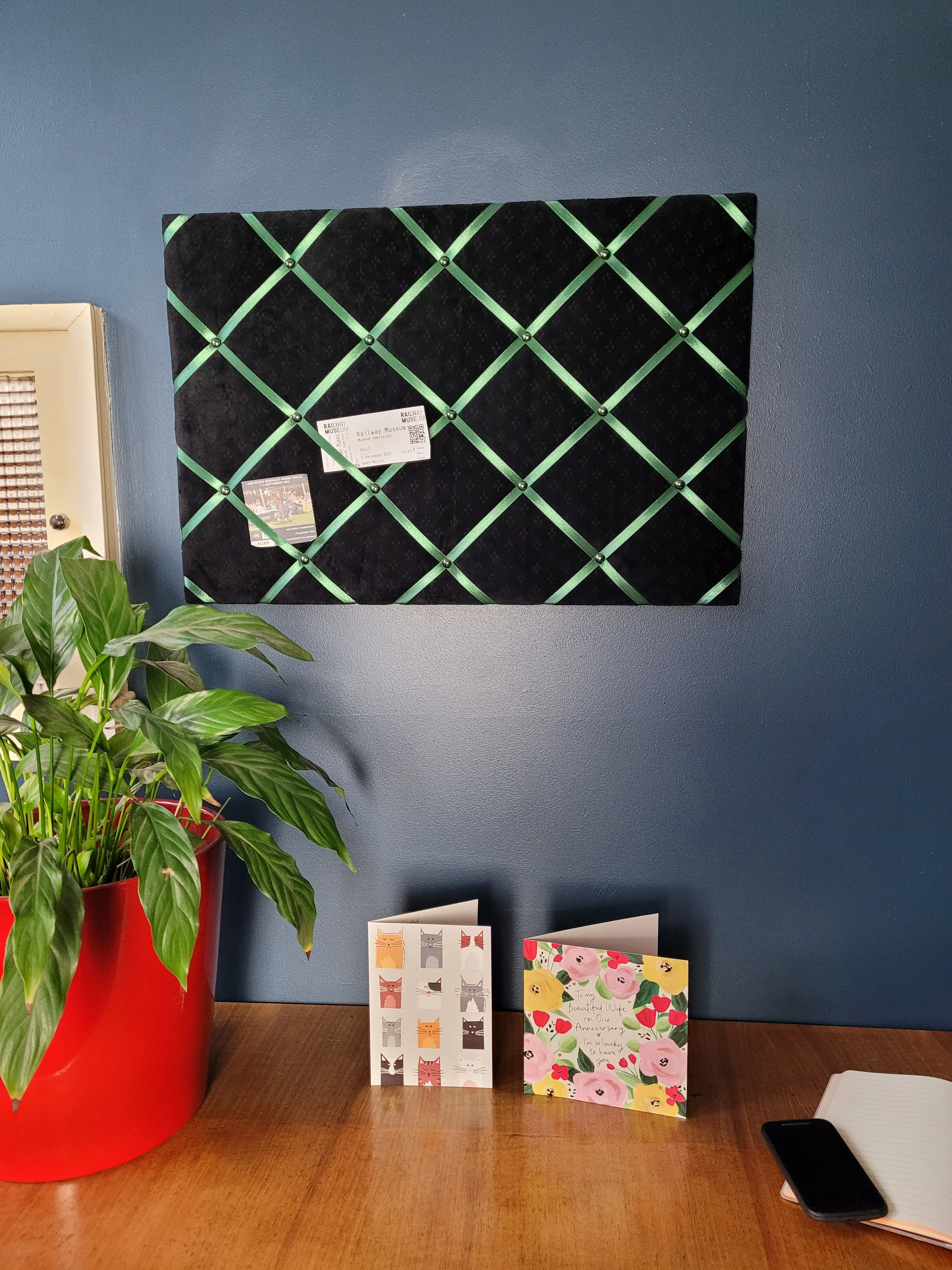 Fabric Notice Board - Black Velvet Green Ribbon - Image 5